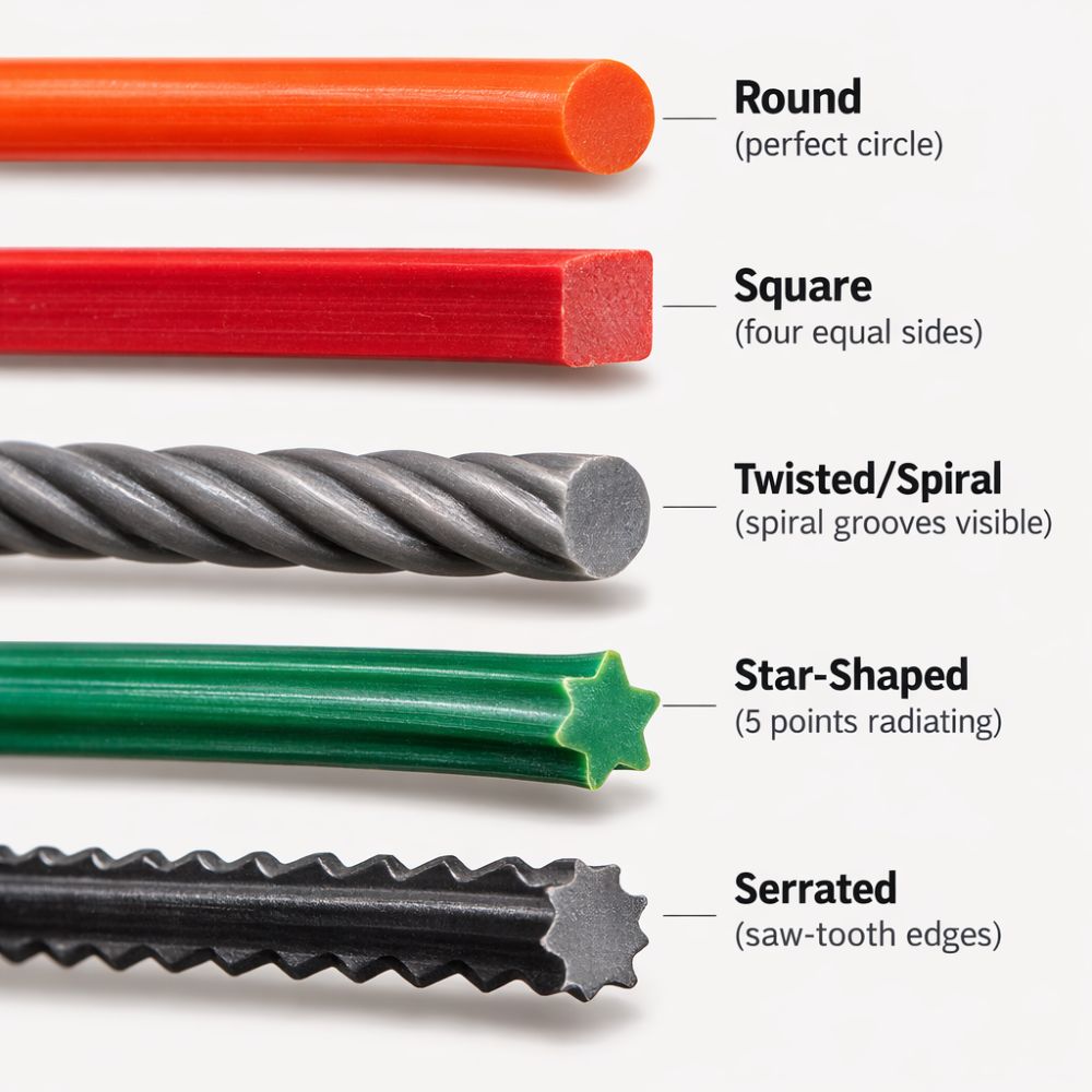 Five trimmer line shapes compared: round, square, twisted, star, and serrated line cross-sections
