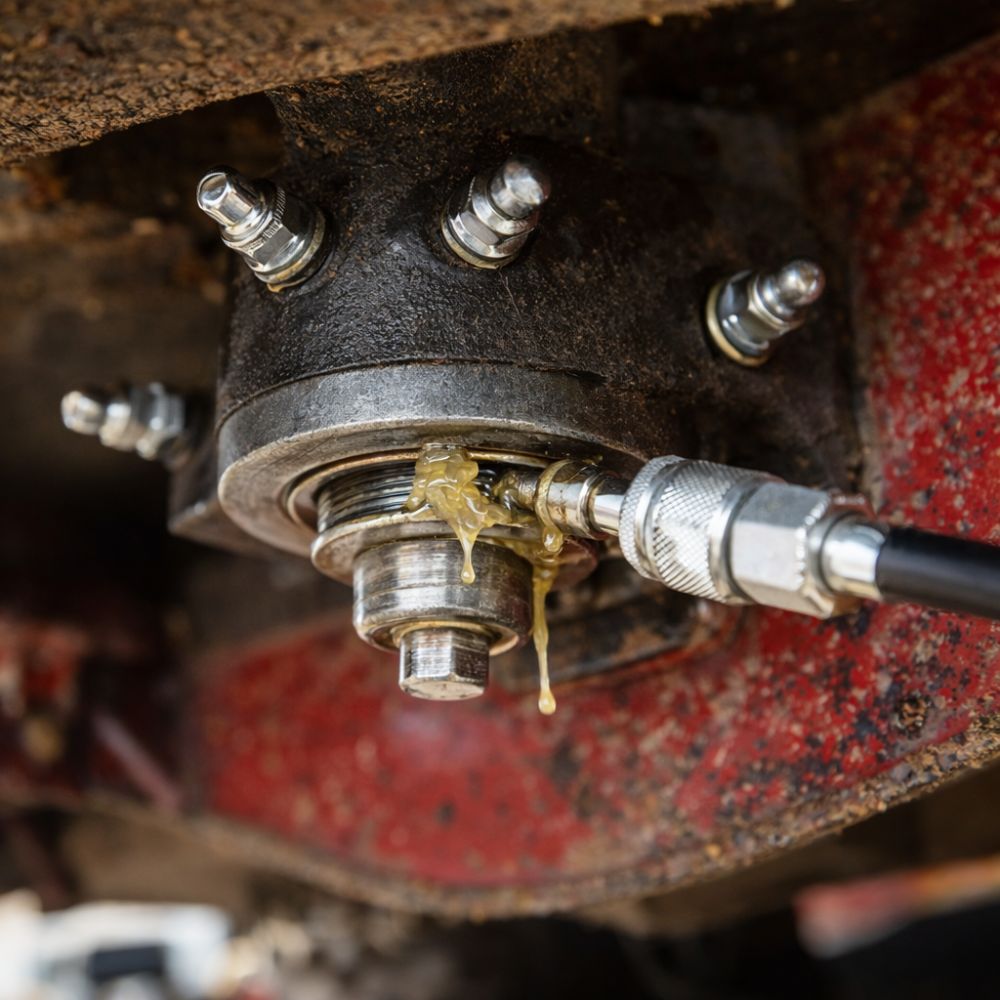 Close-up of commercial zero-turn mower spindle housing showing three grease fittings (zerk fittings) with grease gun attached, demonstrating proper maintenance technique