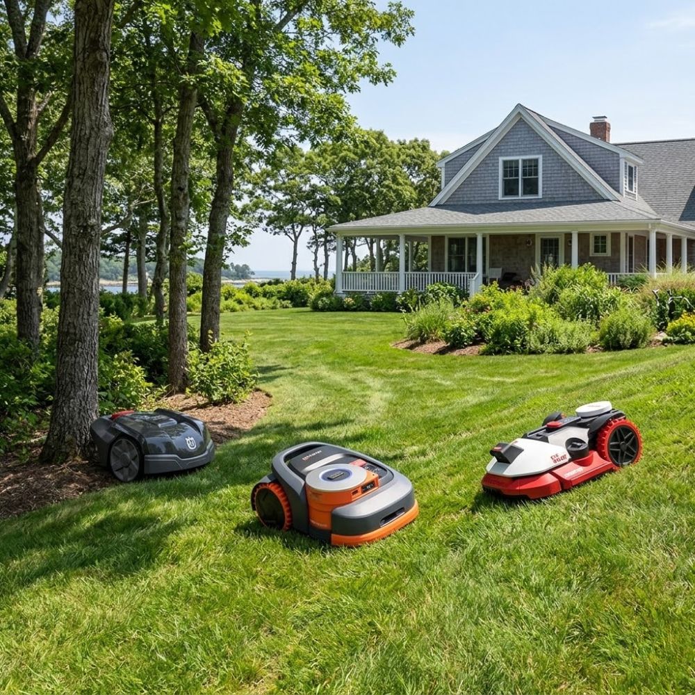 Kress, Segway Navimow, and Husqvarna robotic mowers on a New Hampshire lawn showing terrain differences
