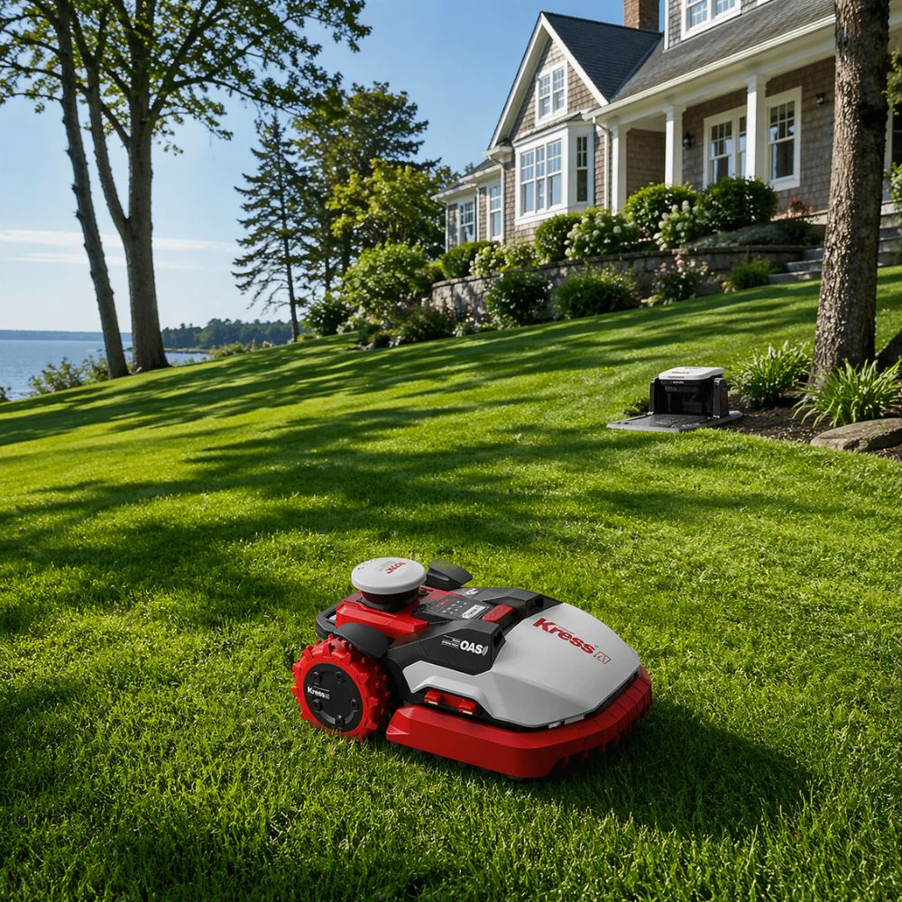  Kress robotic mower operating on a sloped New Hampshire lawn using RTKn navigation