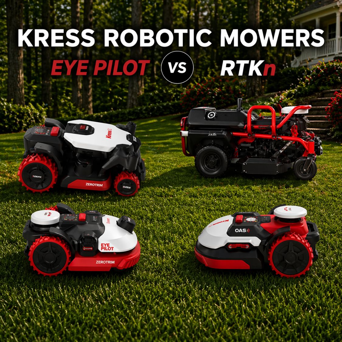 Kress robotic mowers on a New Hampshire lawn showing EyePilot vs. RTKn navigation comparison with multiple mower models displayed outdoors.