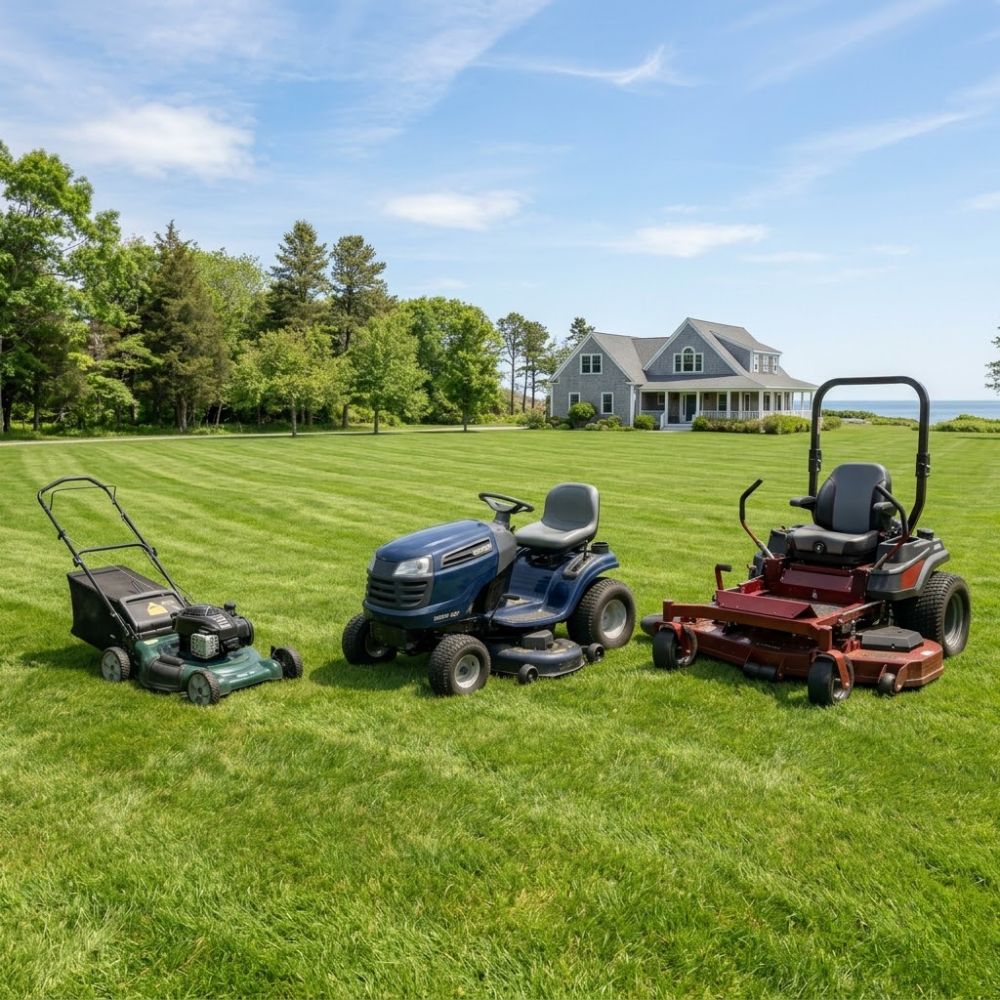 Lawn mower deck size comparison showing walk-behind, lawn tractor, and zero-turn on a New England property