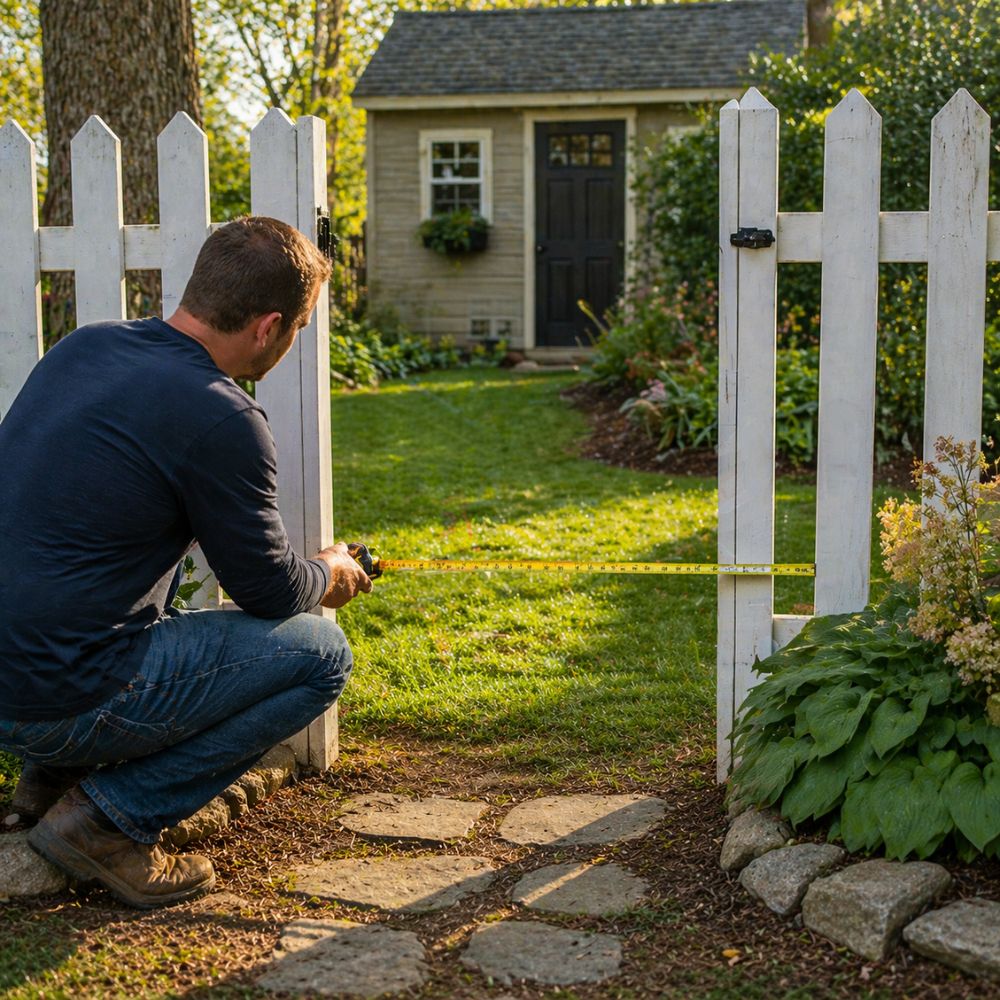 Homeowner measuring lawn space and gate width to choose the right mower deck size