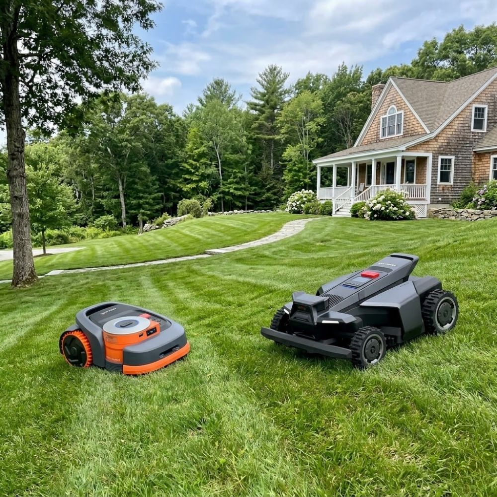 Navimow X Series and H Series robotic mowers on a sloped New Hampshire lawn with trees and open grass areas
