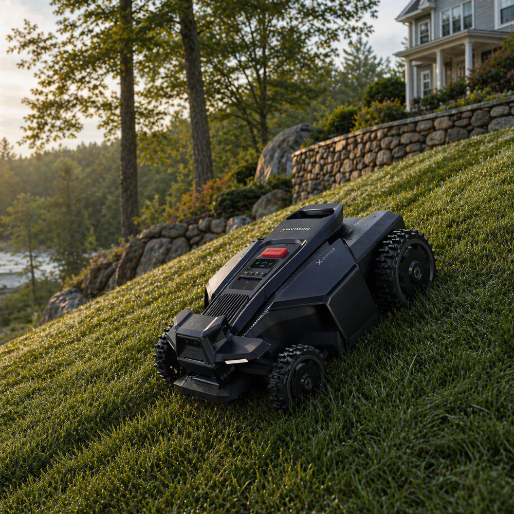 Robotic mower climbing a steep grassy slope on a New England property with visible incline and traction detail