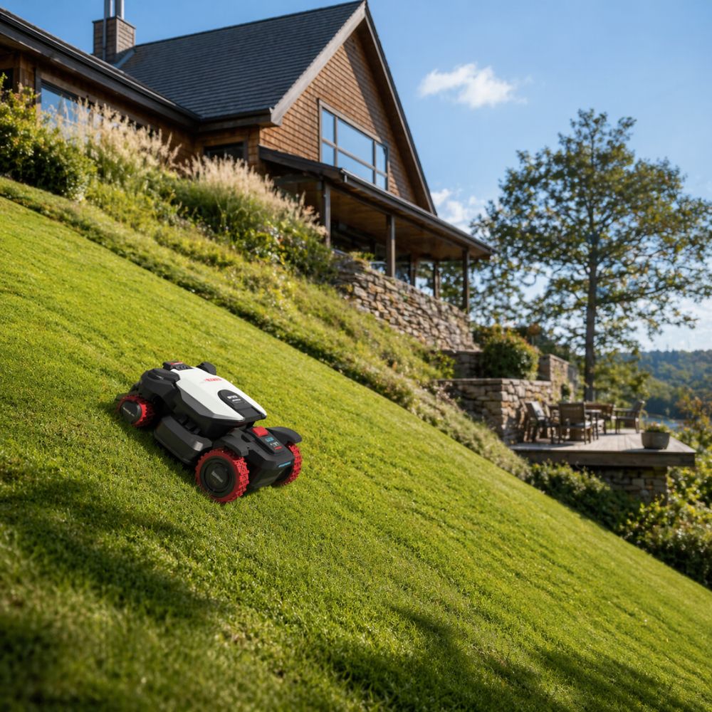 Kress robotic mower climbing a steep hillside lawn near a New England home, showing strong traction and stability on sloped terrain
