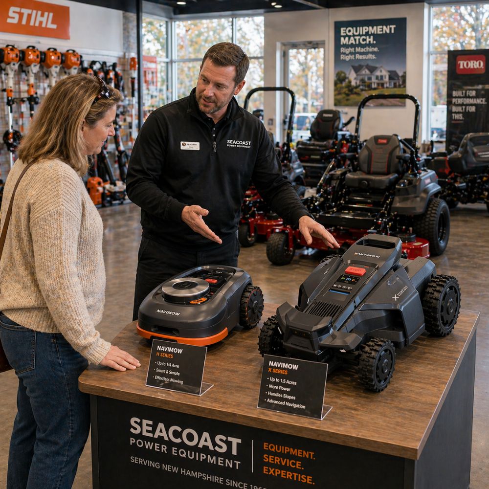 Customer speaking with Seacoast Power Equipment expert about robotic mower selection in a showroom with equipment display