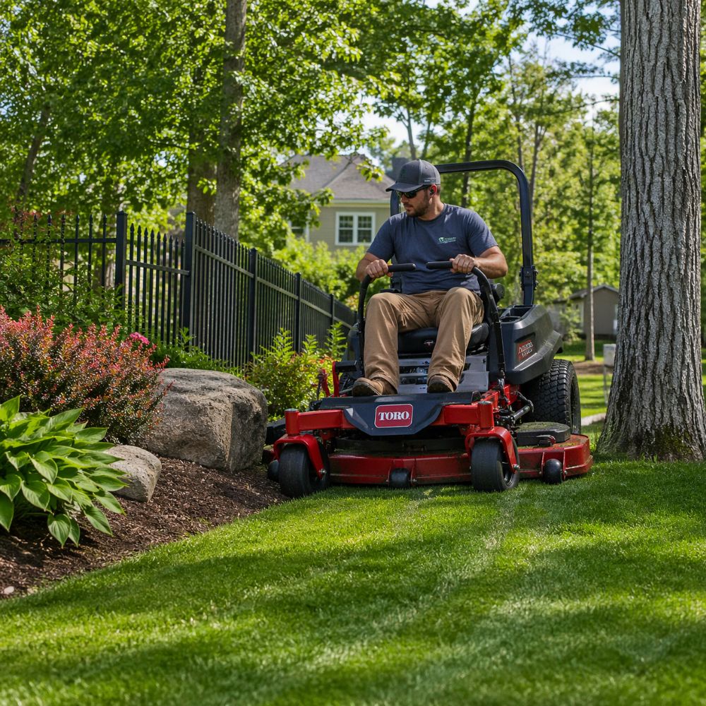 Zero-turn mower navigating around trees and landscaping on a New Hampshire property
