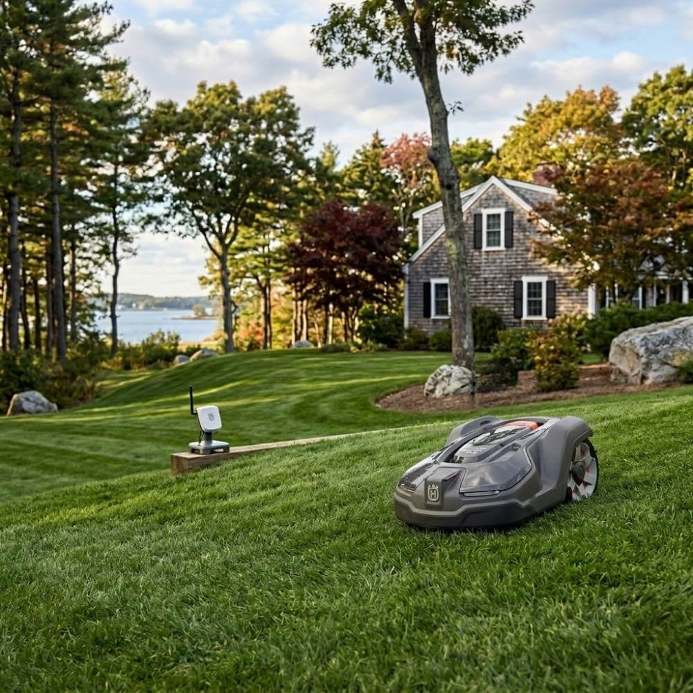 Husqvarna Automower robotic mower on well-maintained residential lawn in Portsmouth, NH, with EPOS reference station and coastal home