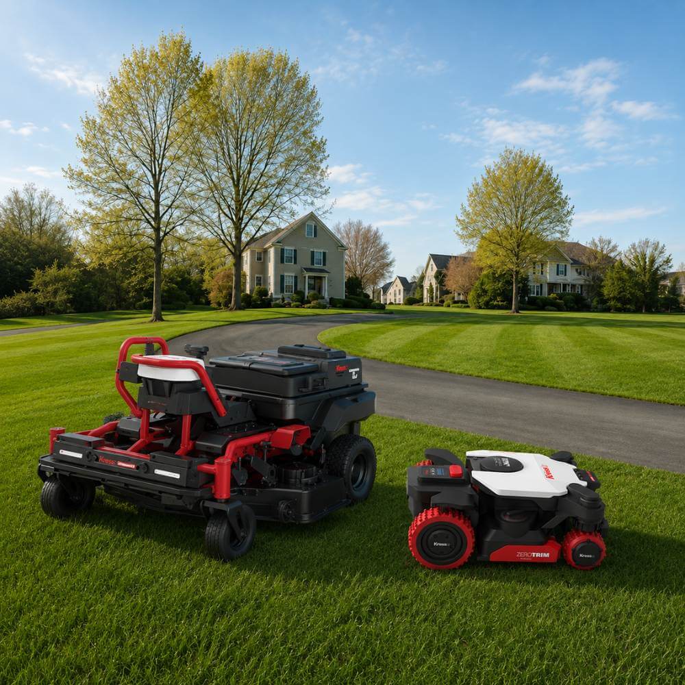 Kress Voyager and Kress EyePilot robotic mowers on a manicured suburban lawn.