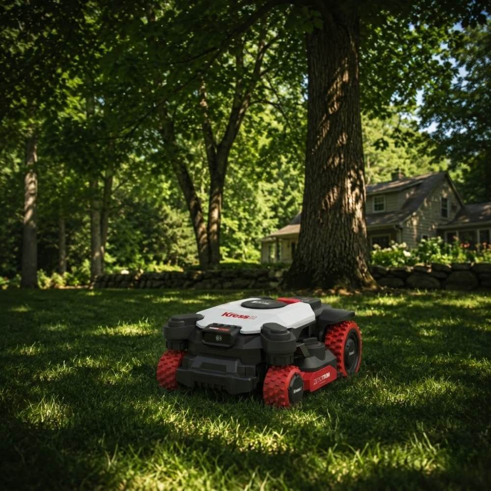 Kress EyePilot 4×4 robotic mower using Vision AI optical navigation under heavy tree canopy showing GPS-challenging conditions