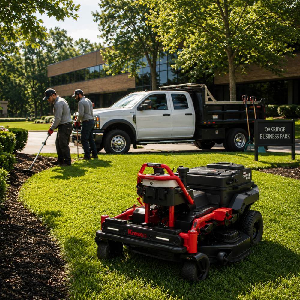 Kress Voyager KR800 commercial autonomous mower with 40-inch cutting deck being deployed by professional landscaping crew at commercial property