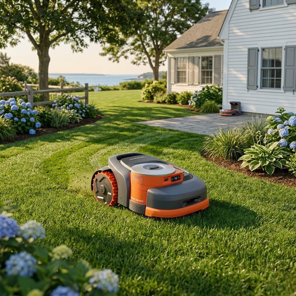 Navimow H Series robotic mower navigating sloped residential lawn with VisionFence obstacle detection active near Portsmouth NH seacoast property