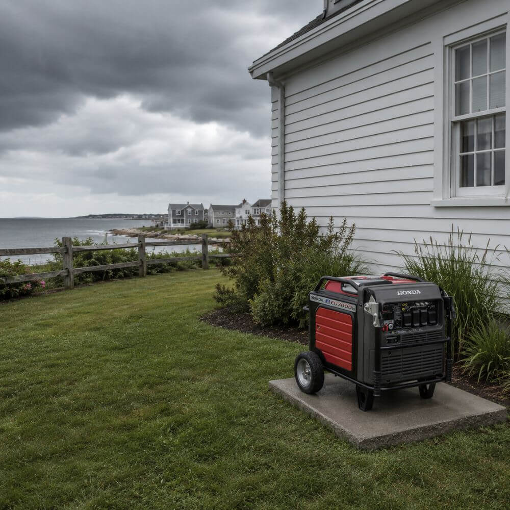 Honda portable generator installed at coastal New Hampshire home prepared for hurricane season backup power
