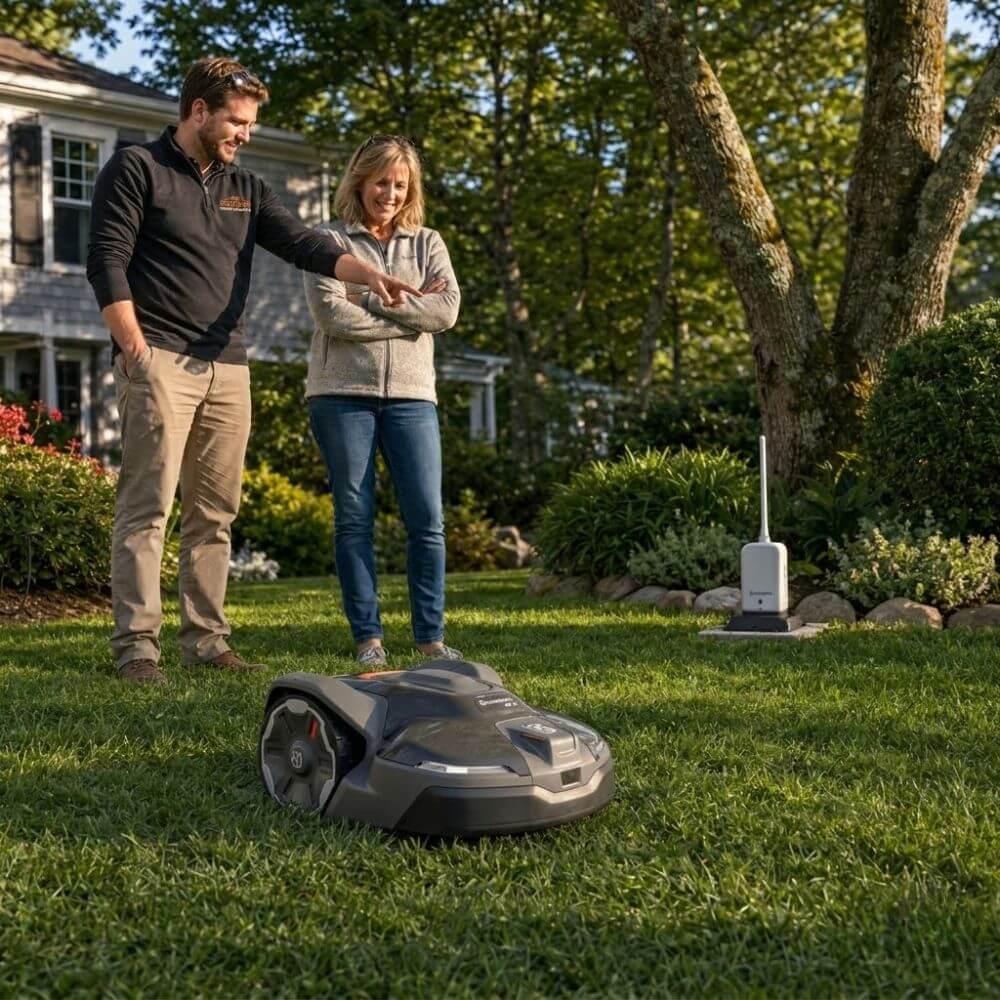 Seacoast Power Equipment sales team member showing a homeowner customer a Husqvarna Automower robotic mower operating on her residential lawn in New Hampshire with EPOS reference station visible in the background