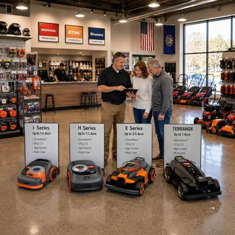 Seacoast Power Equipment showroom in North Hampton NH displaying complete Navimow robotic mower lineup with factory-trained sales team assisting customers