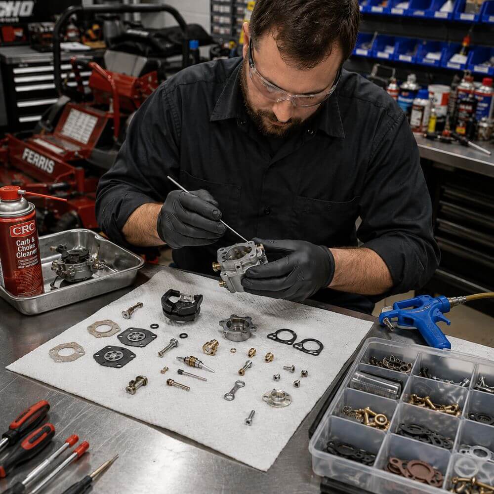 Factory-trained technician performing professional generator carburetor service at Seacoast Power Equipment North Hampton NH