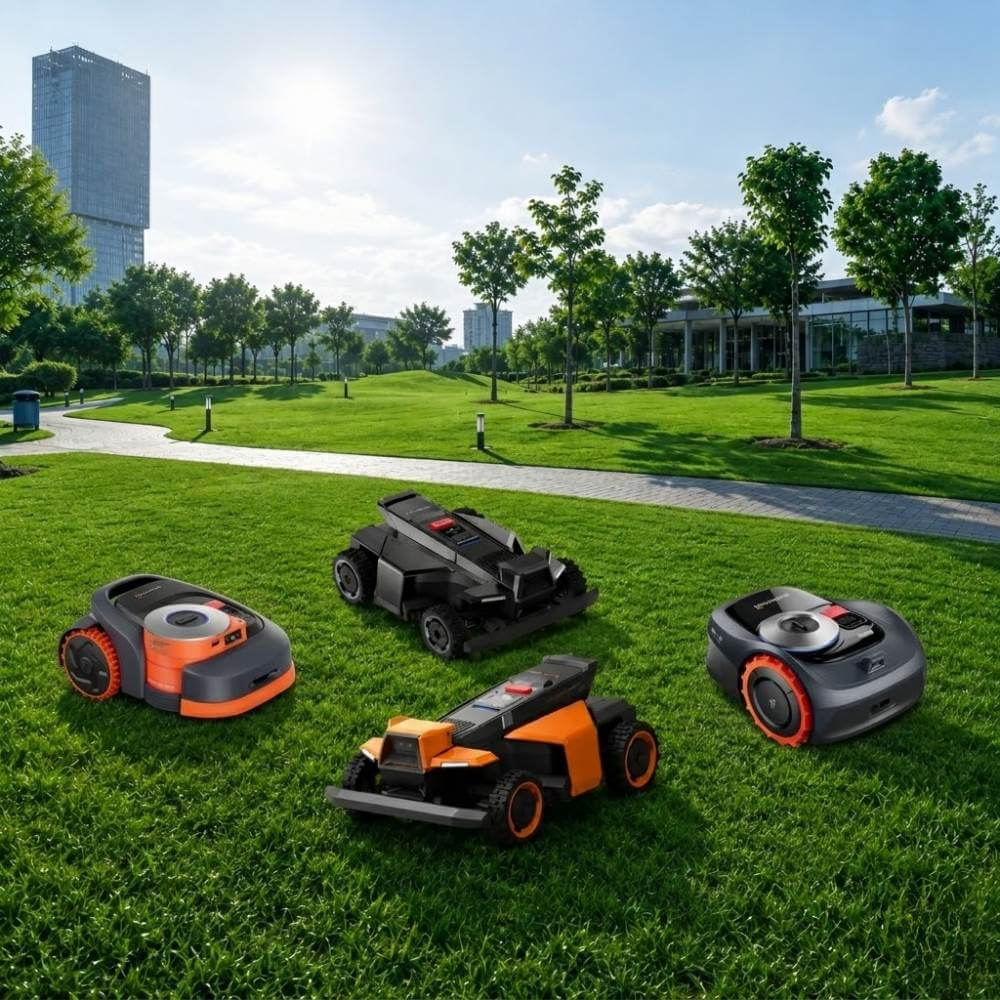 Four Segway Navimow robotic mower models displayed on New Hampshire residential lawn showing i Series, H Series, X Series, and Terranox for property size comparison