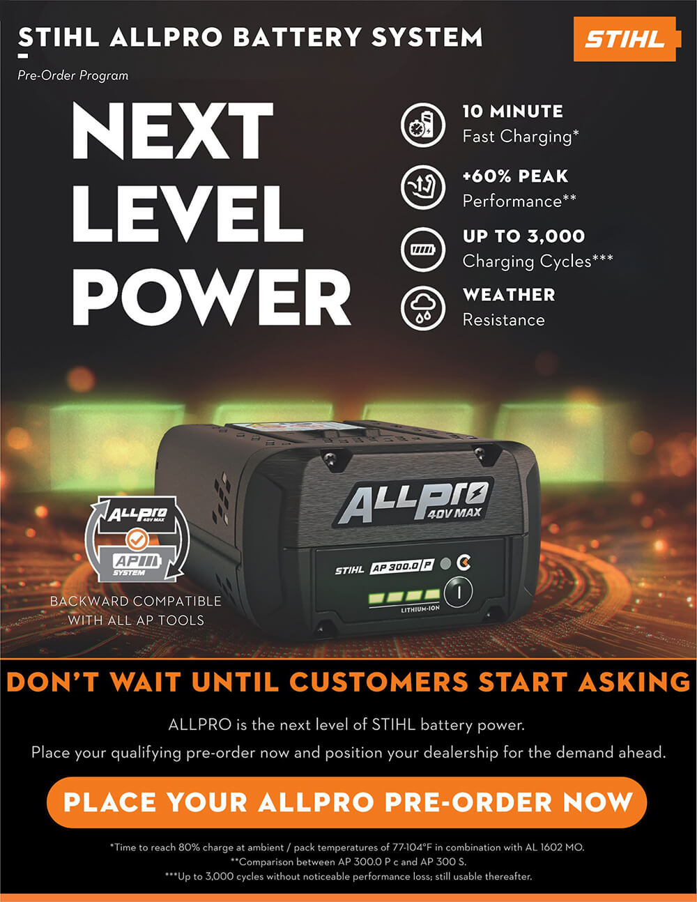 STIHL ALLPRO Battery System pre-order program featuring next-generation battery technology and key performance benefits.