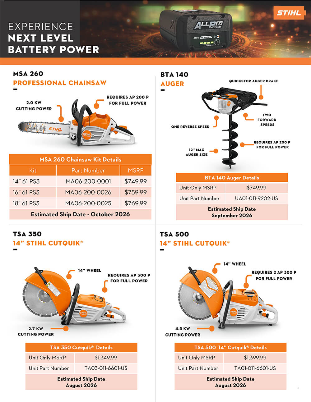 STIHL ALLPRO battery-powered chainsaws, auger, and cut-off saws with features, pricing, and ship dates.