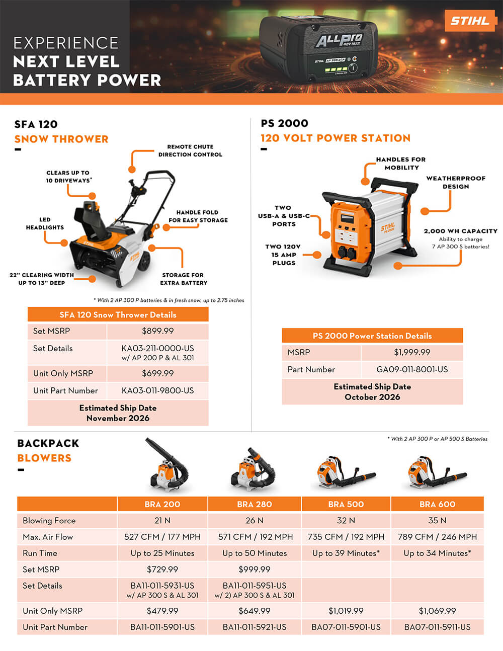 STIHL ALLPRO battery-powered snow thrower, power station, and backpack blowers with specifications and pricing.
