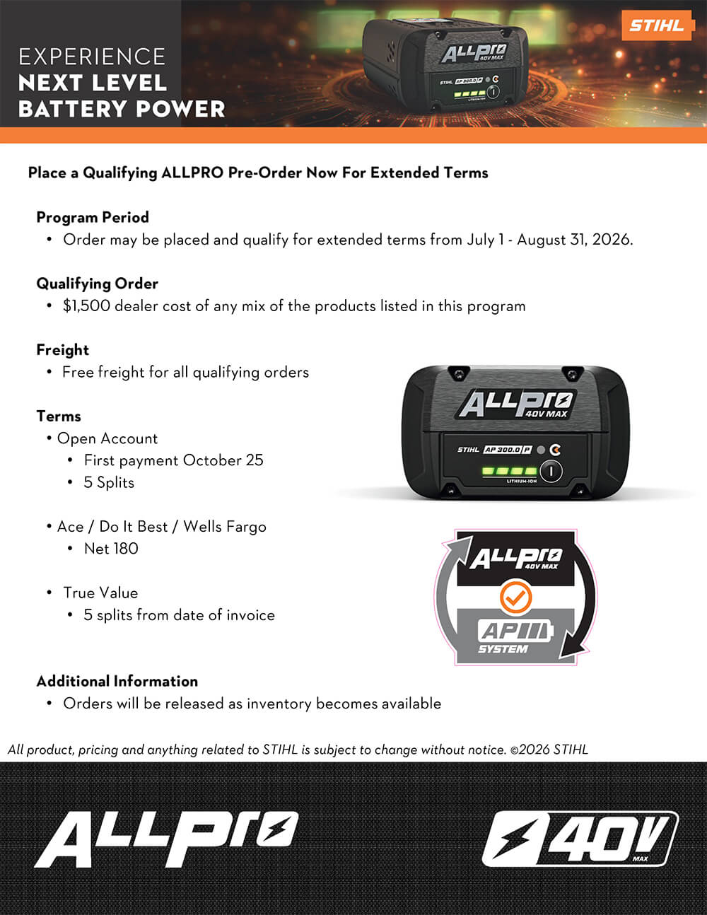 STIHL ALLPRO pre-order program terms, qualifying requirements, payment options, and additional information.