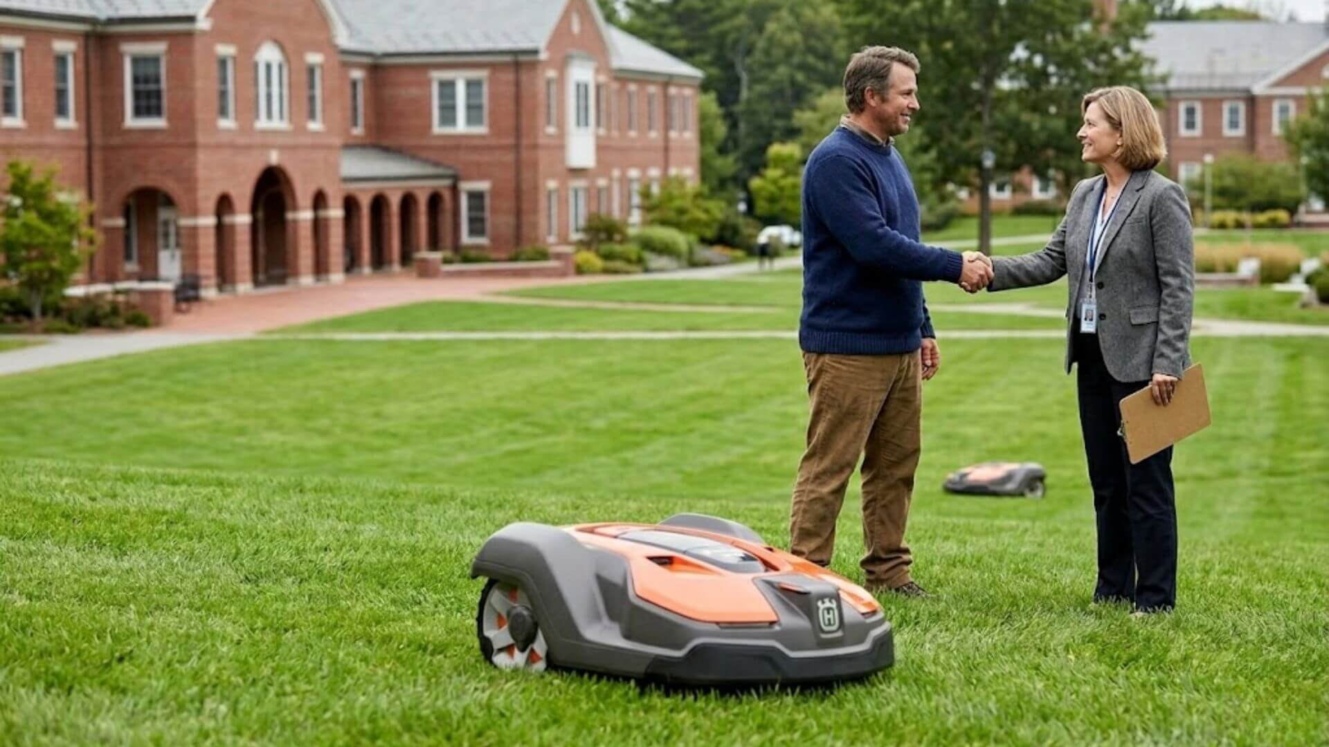 Husqvarna Automower on a campus lawn as a grounds manager and administrator shake hands nearby.