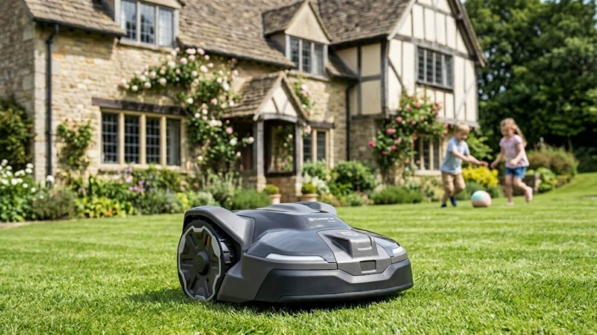 Husqvarna Automower mowing a residential lawn while children play safely in the background near a landscaped home.