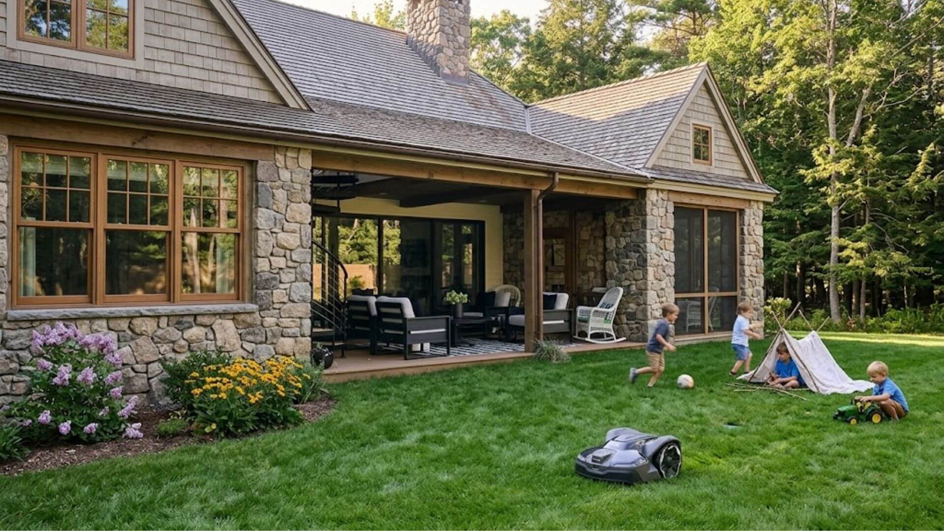 Husqvarna Automower iQ robotic mower mowing a family backyard while children play safely near a stone-and-cedar New England home.
