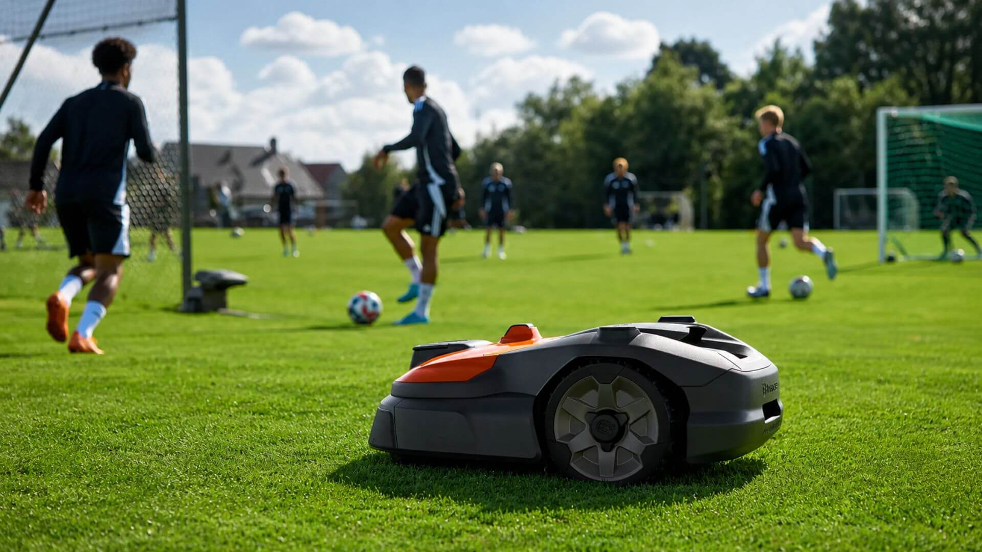 Husqvarna Automower mowing a soccer field while players practice in the background.