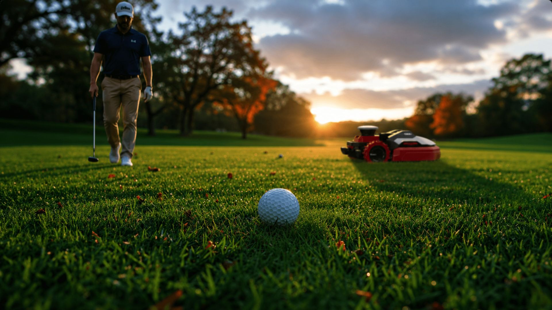 Golfer walking across a fairway at sunset with an autonomous robotic mower maintaining the course in the background.