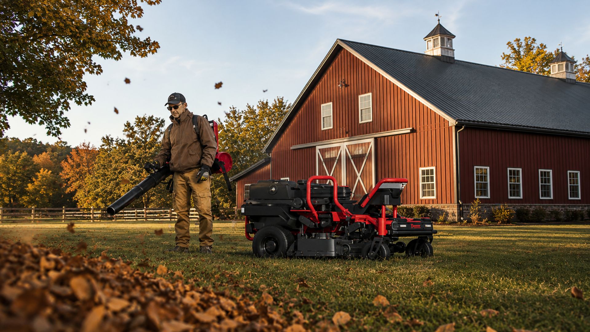 Landscape professional using a backpack blower beside a Kress Voyager mower in front of a large red barn during fall cleanup.