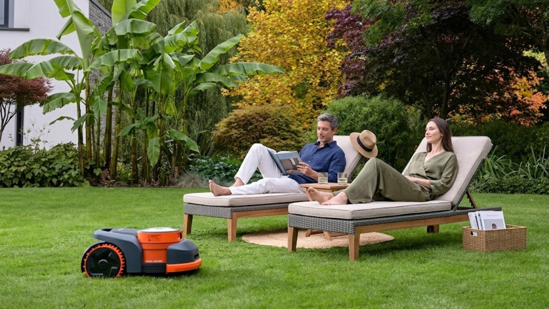 Homeowners relaxing outdoors while a robotic mower maintains the lawn