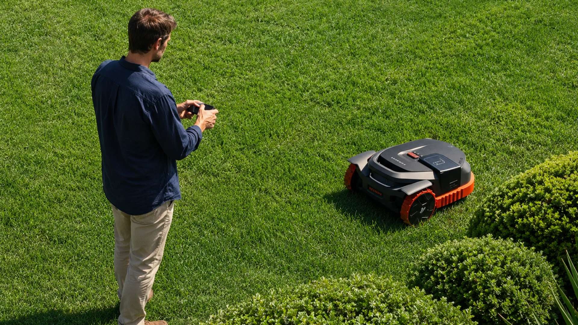 Homeowner monitoring a Segway Navimow robotic lawn mower on a neatly maintained lawn using a smartphone app from the yard.