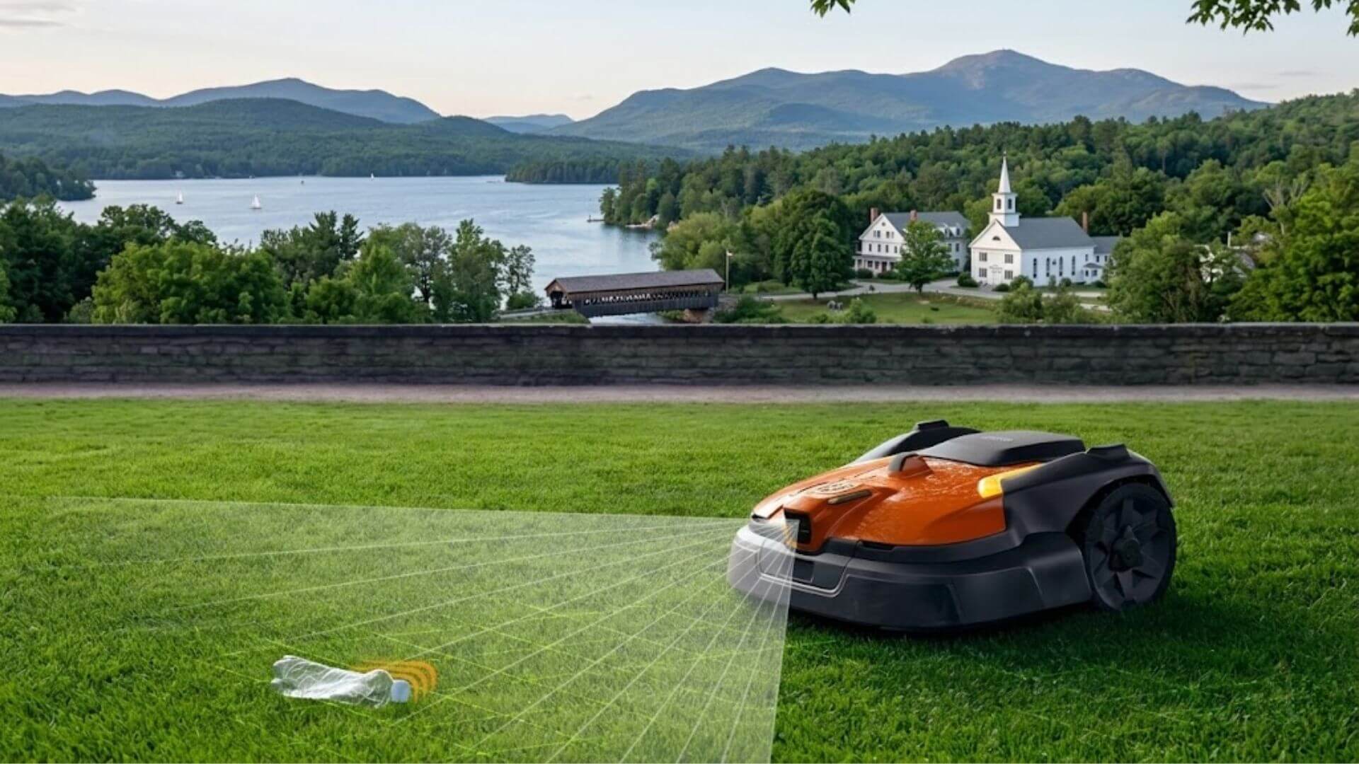 Husqvarna robotic mower using obstacle detection technology on a New Hampshire lawn with mountain and lake views.