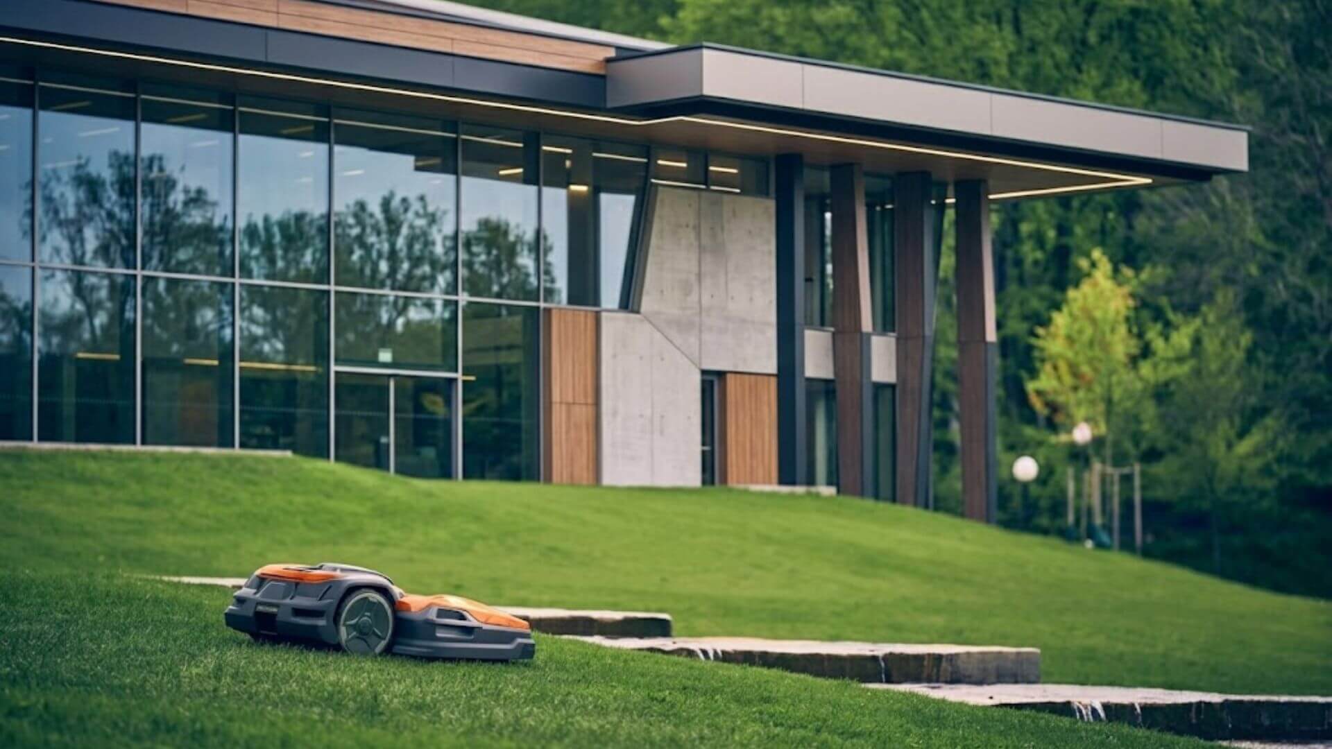 Husqvarna robotic mower maintaining a sloped lawn outside a modern commercial building with landscaped grounds.