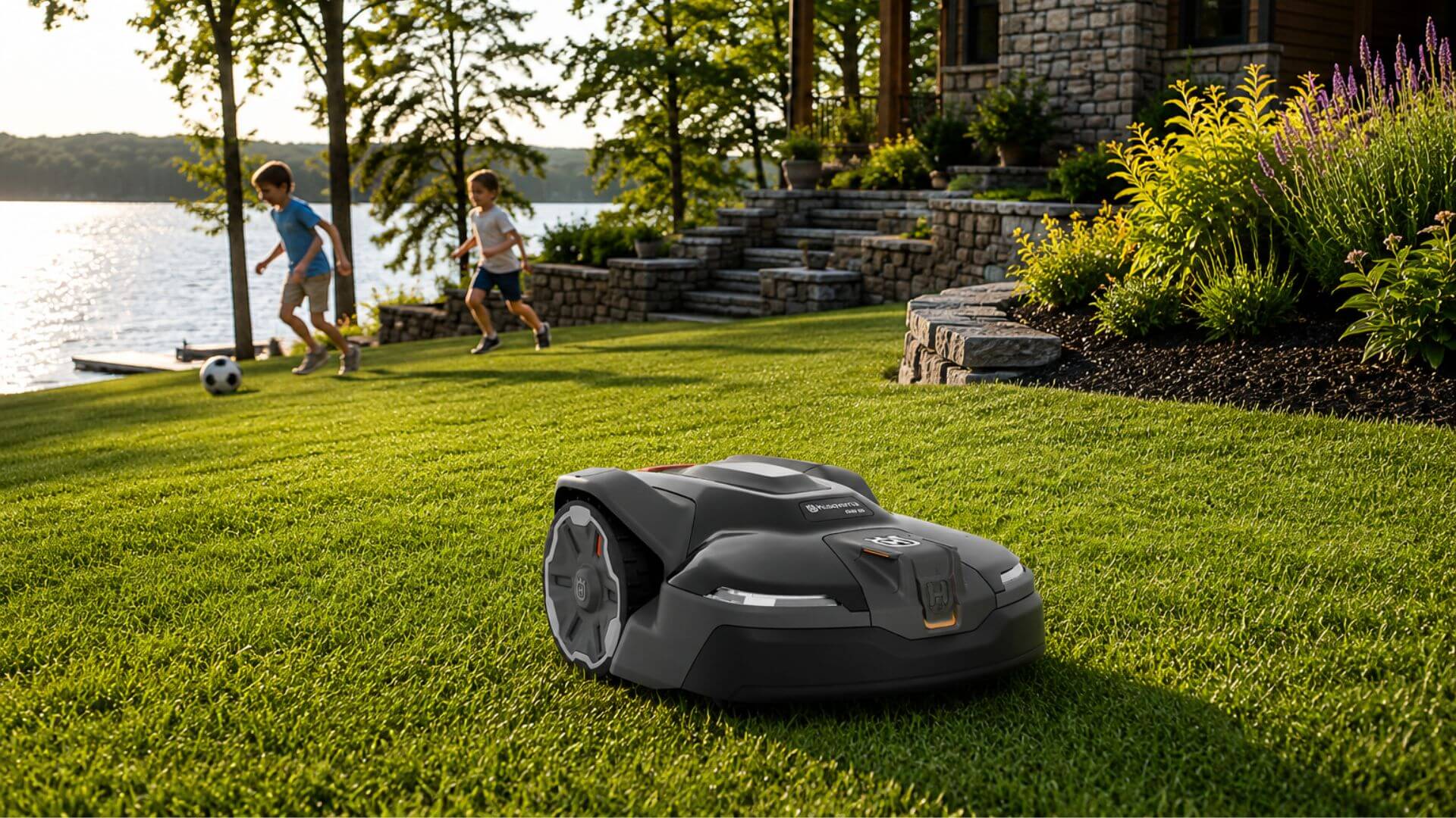 Husqvarna Automower iQ robotic mower maintaining a lakeside lawn while children play soccer near a landscaped waterfront home.