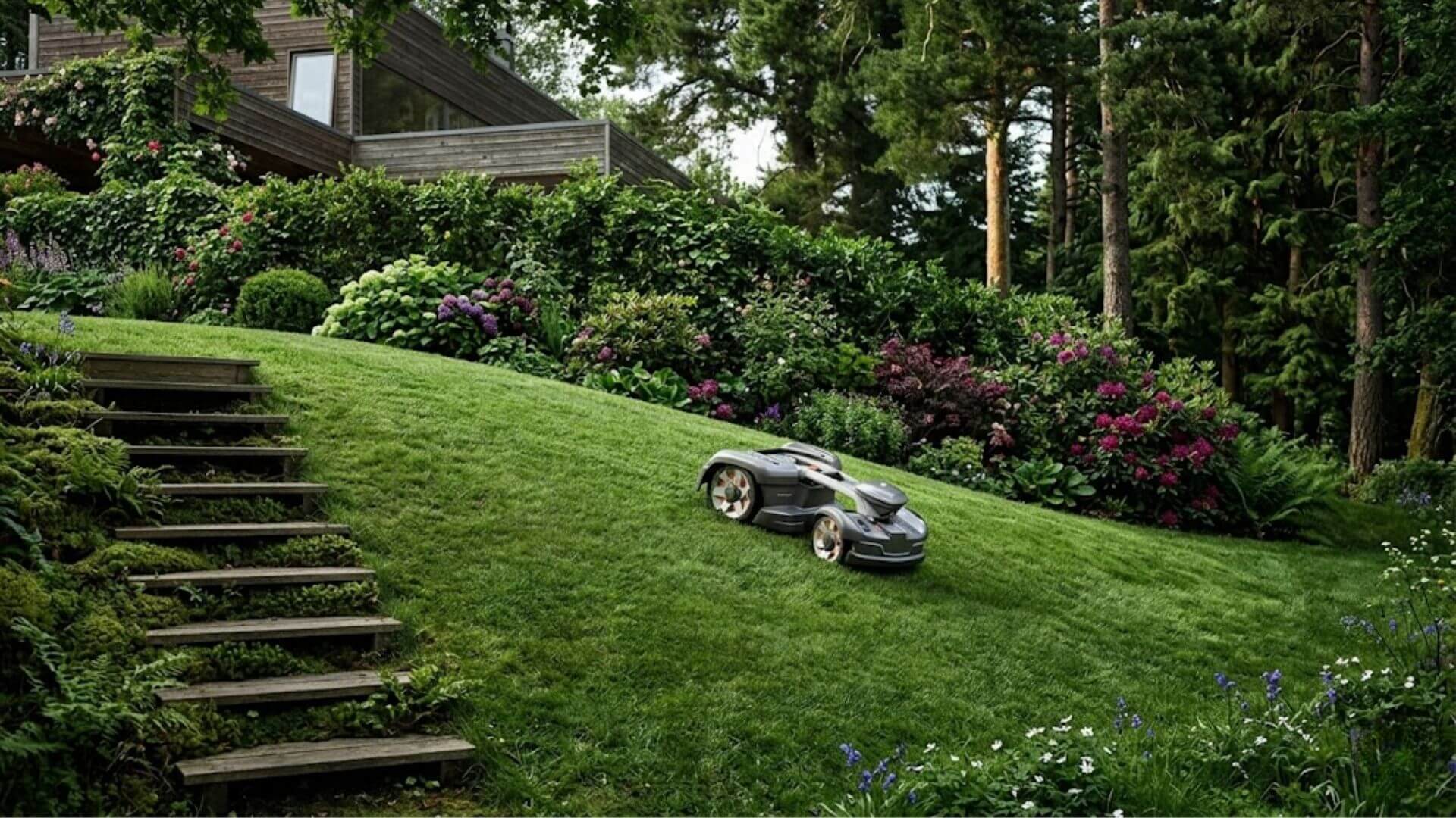 Built for the Hills - AWD and a Pivoting Rear Axle Husqvarna all-wheel-drive robotic mower mowing a landscaped hillside garden with colorful flowers and woodland surroundings.