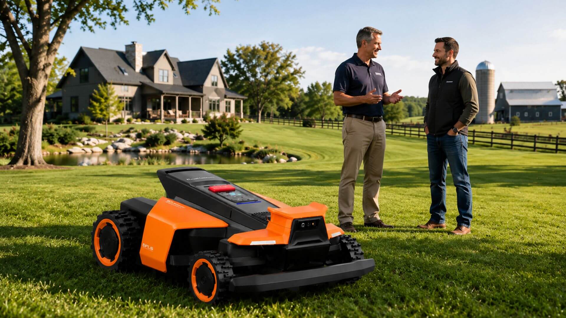 Seacoast Power Equipment specialist discusses robotic mowing solutions with a property owner while a Kress robotic mower operates on a landscaped estate lawn in the foreground.