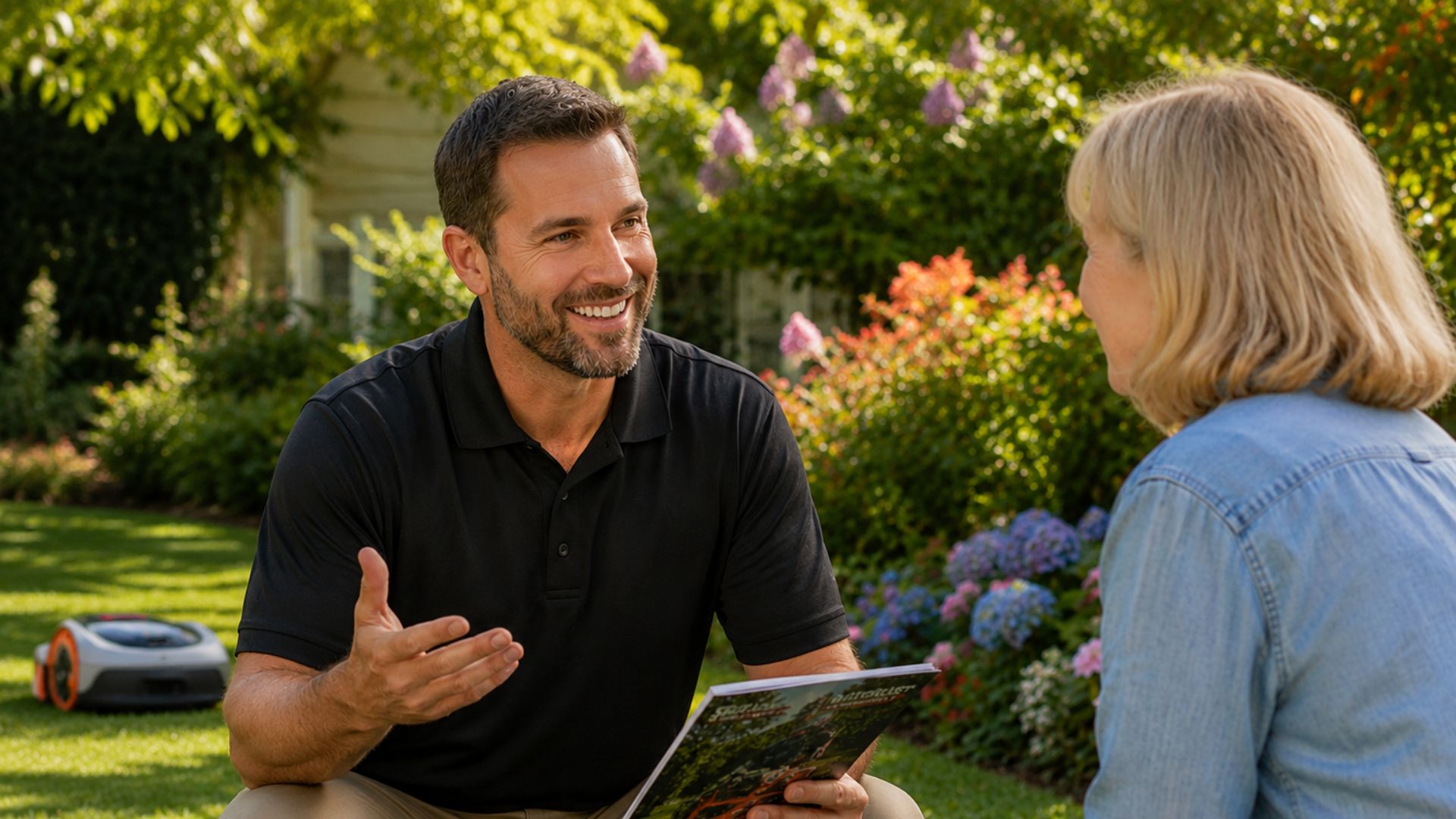 Homeowner discussing robotic lawn mower benefits with a customer while a Navimow mower operates in the garden background.