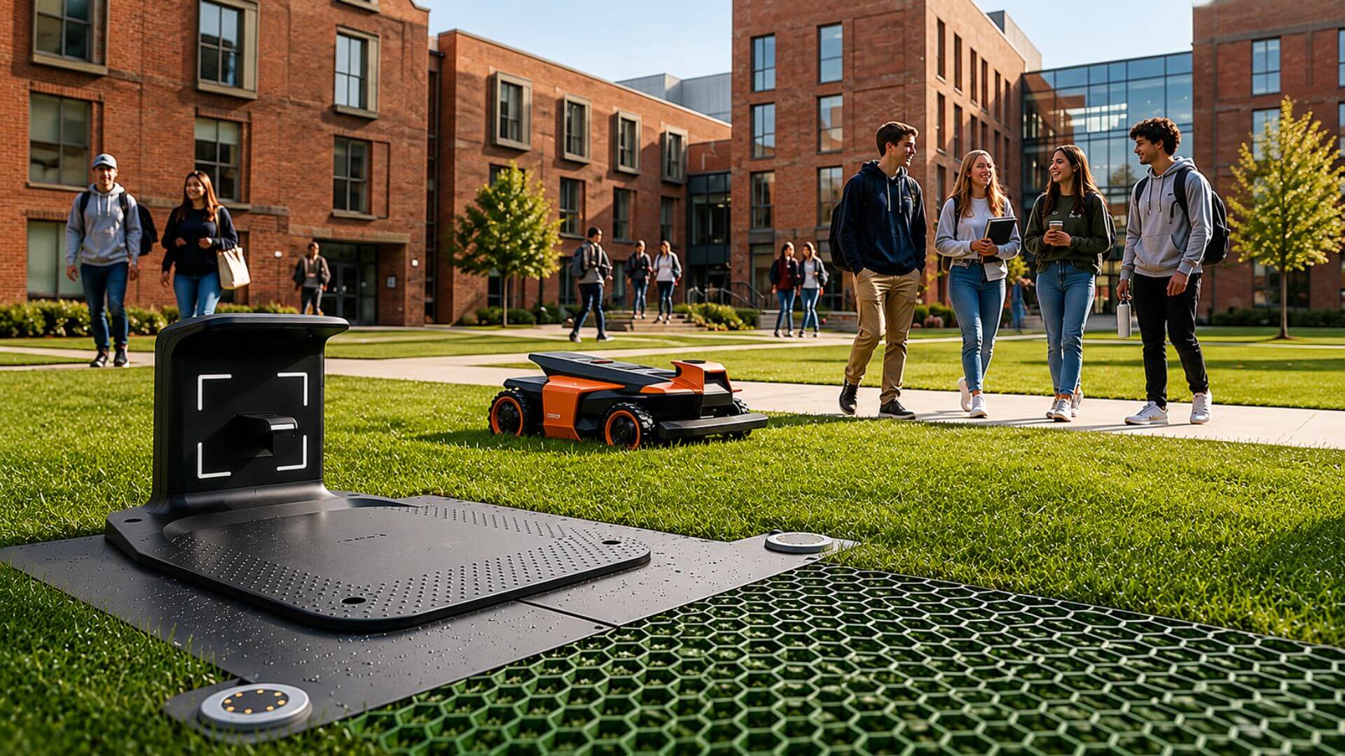 Kress robotic mower and RTK reference station maintaining a university campus lawn while students walk across the quad.