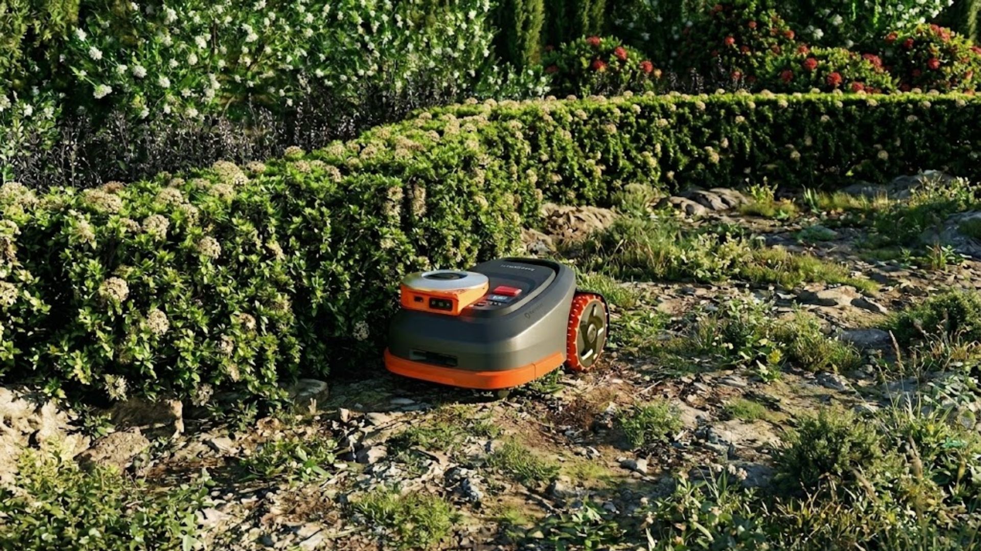 Robotic mower navigating rocky terrain and garden borders