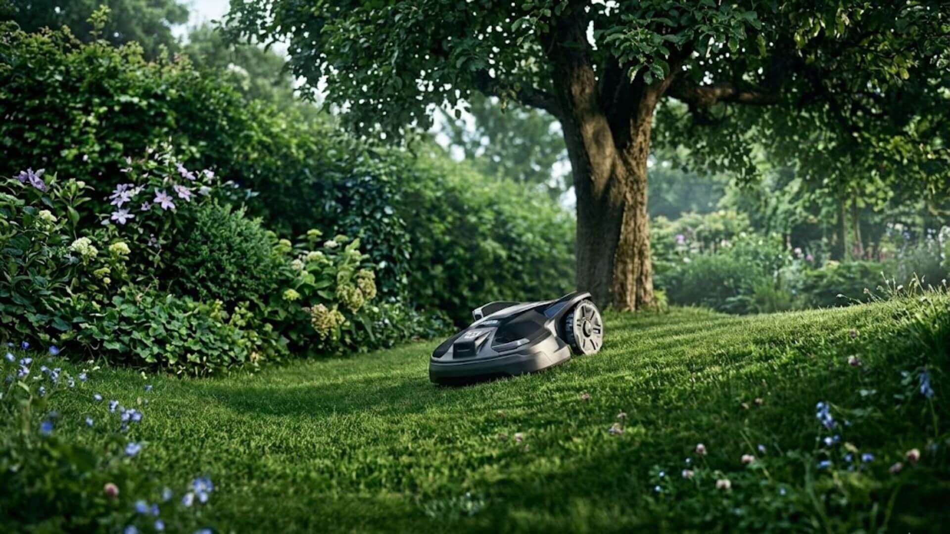 One Acre, Done Right - What the 420 iQ Delivers Husqvarna robotic lawn mower navigating a shaded garden landscape beneath mature trees and lush greenery.