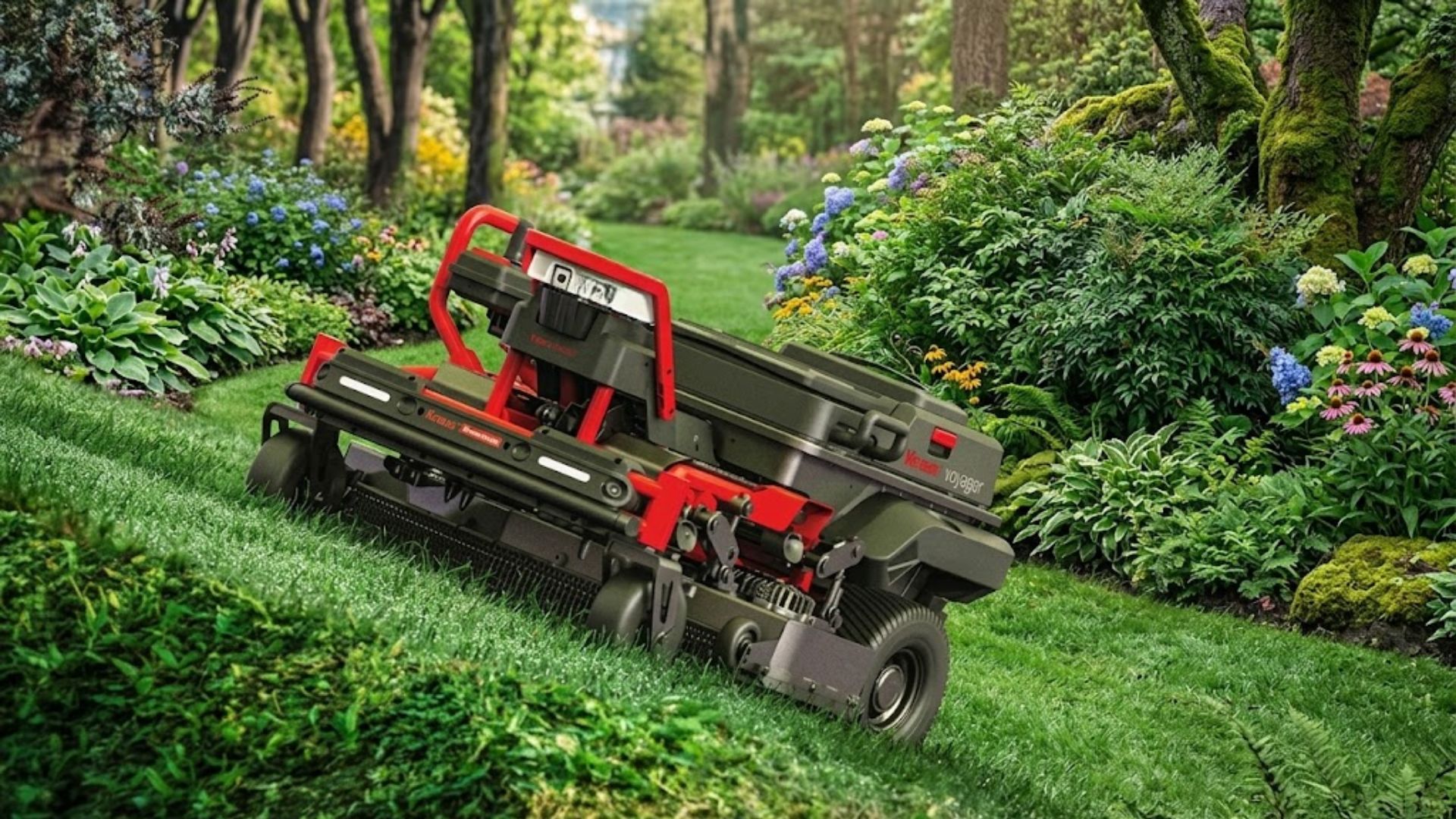 Kress Voyager robotic mower navigating a lush garden landscape with flowering plants and mature trees.