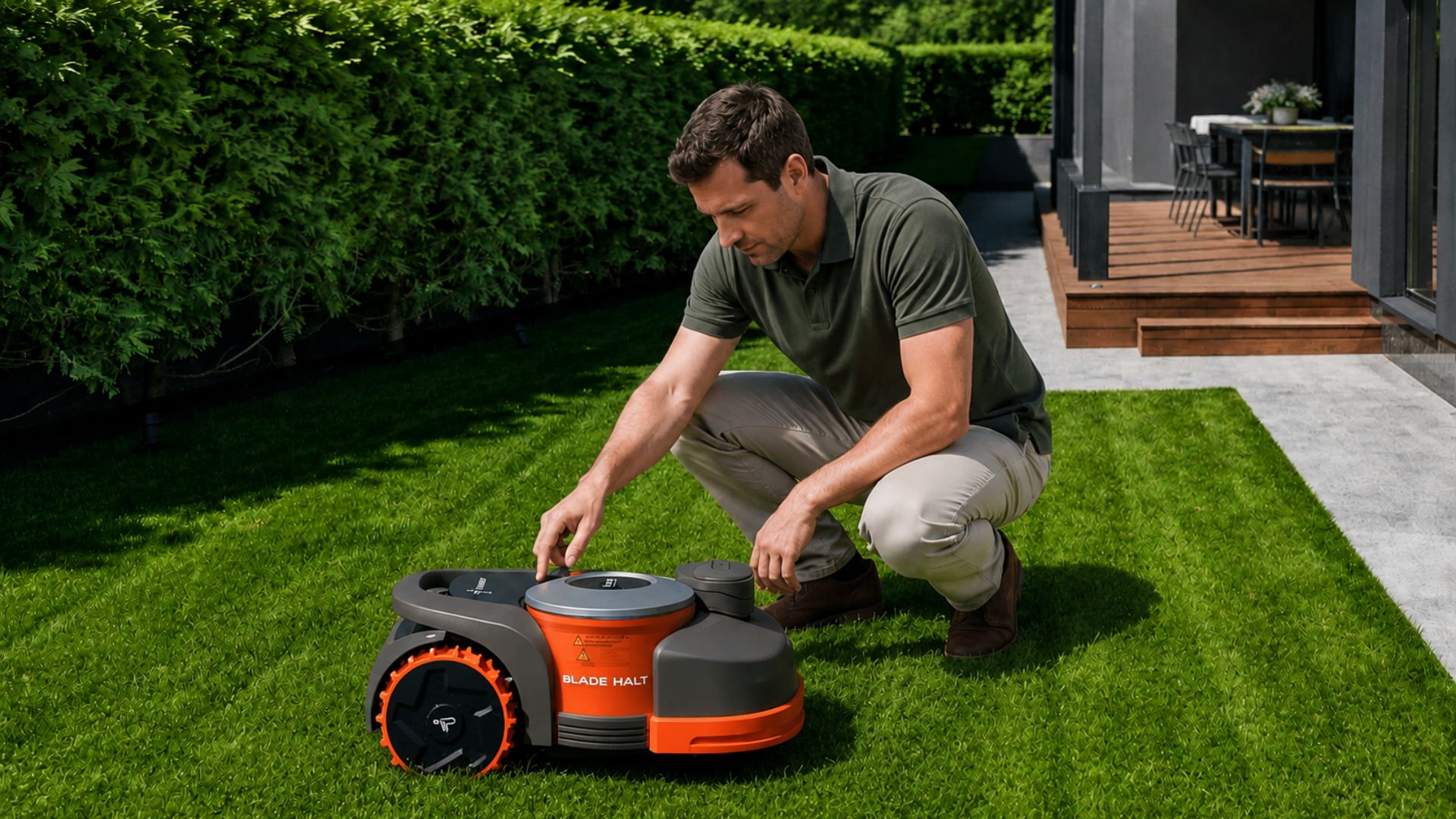 Homeowner adjusting a robotic mower on a neatly maintained backyard lawn
