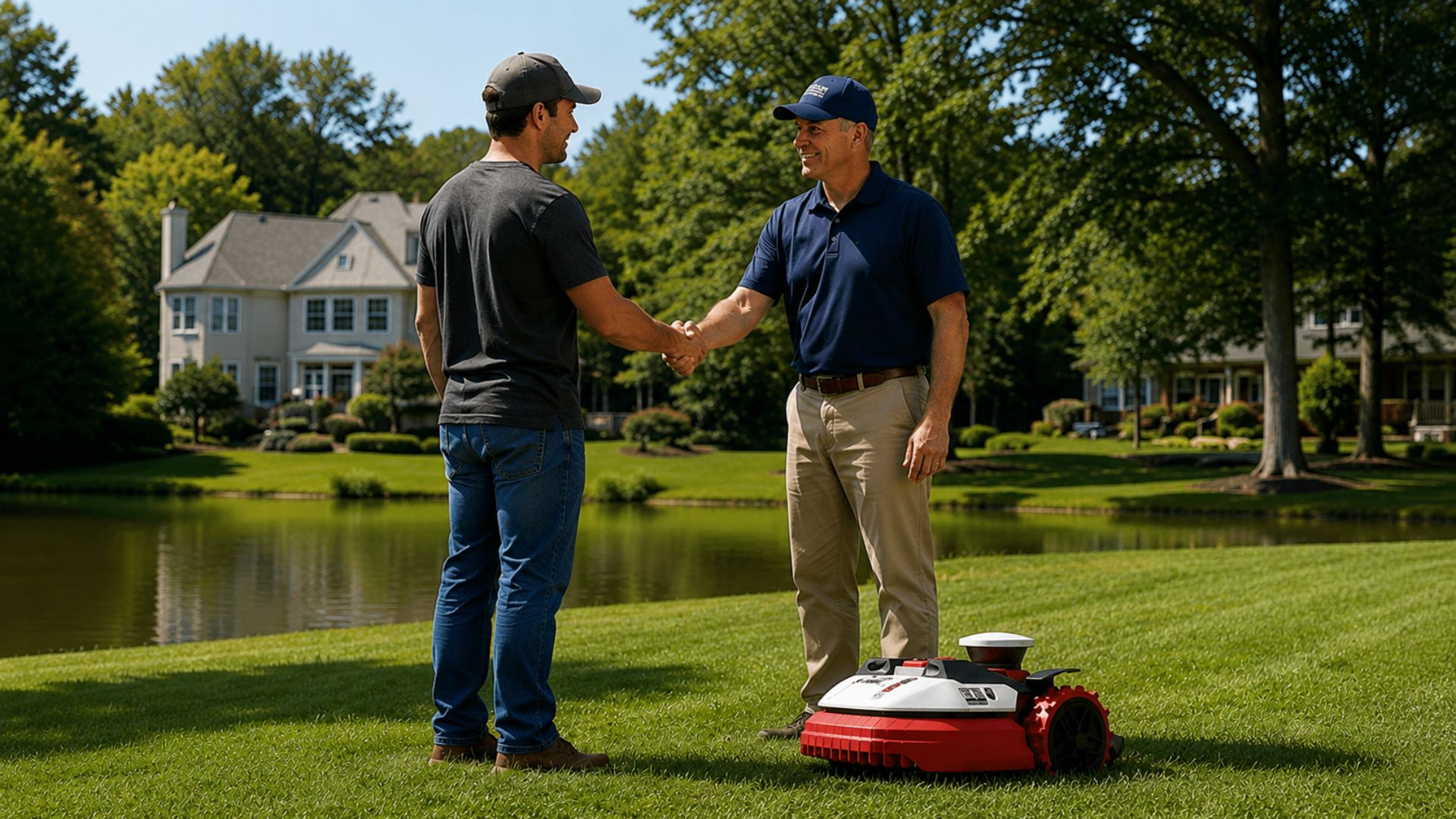 : Homeowner and landscaping professional discussing autonomous robotic mower deployment beside a pond on a manicured residential property.