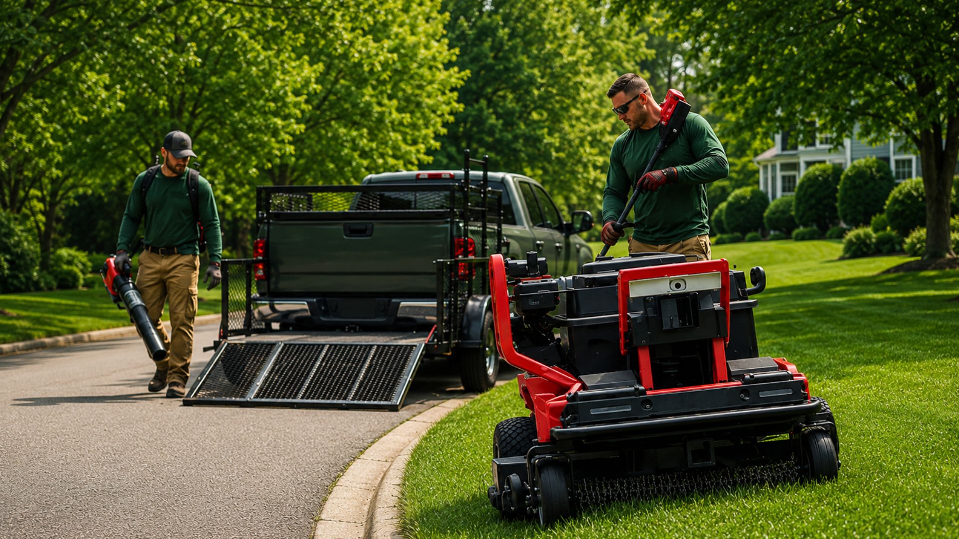 Landscaping crew unloading and preparing a Kress Voyager mower from a trailer at a residential property.