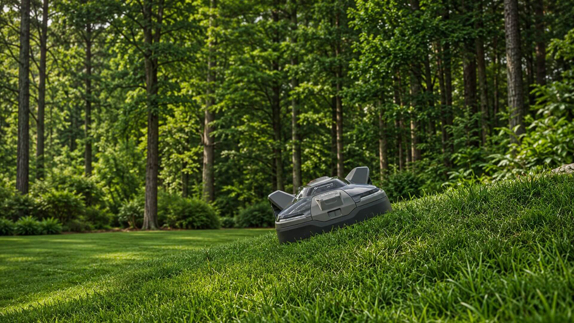 Husqvarna Automower navigating a sloped lawn surrounded by mature trees and dense woodland landscaping.