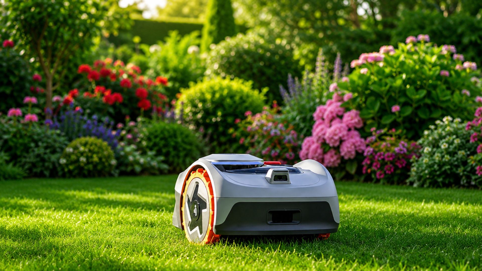 Navimow robotic mower mowing a vibrant backyard lawn surrounded by colorful flowers and mature landscaping.