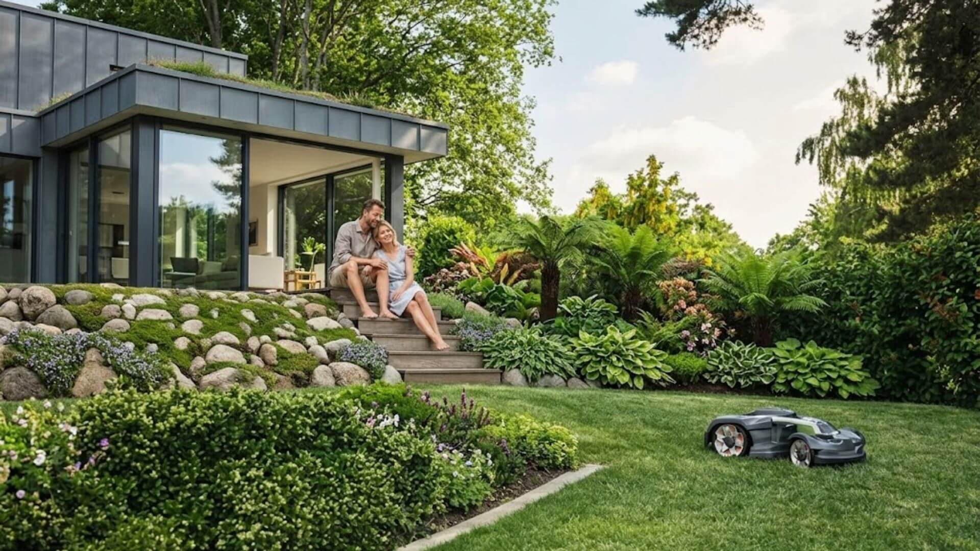 When the Terrain Is the Challenge Husqvarna robotic mower maintaining a lush residential lawn as homeowners relax outside a modern contemporary house.